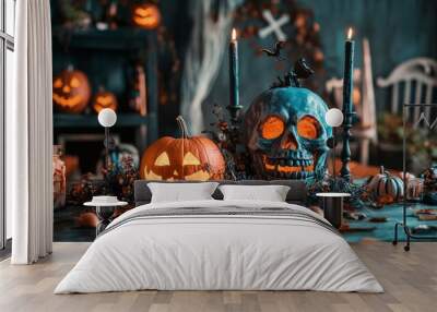 A spooky Halloween table with a glowing skull, jack-o-lanterns, candles, and fall leaves. Wall mural