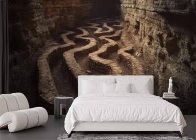 A stone maze carved into the floor of a cave, with the entrance visible in the background. Wall mural