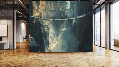 A surreal landscape of a winding rope bridge connecting two cliffs, with a waterfall cascading down the cliff face. Wall mural