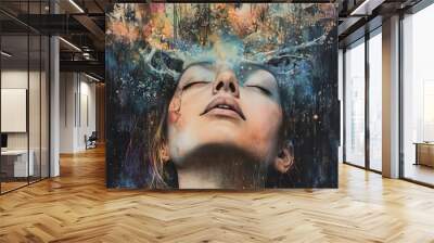 A surreal portrait of a woman with an abstract, colorful mindscape. Wall mural