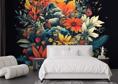 A vibrant illustration of flora and fauna with a sun backdrop, showcasing nature's beauty. Wall mural