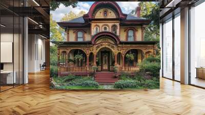 A Victorian-era house with intricate details, a wrap-around porch, and a manicured lawn. Wall mural