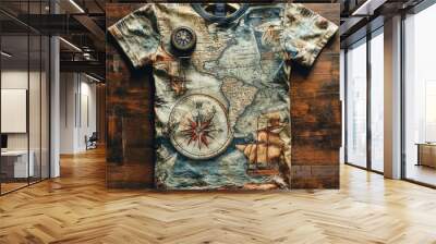 A vintage map-themed t-shirt with a compass and ship designs. Wall mural