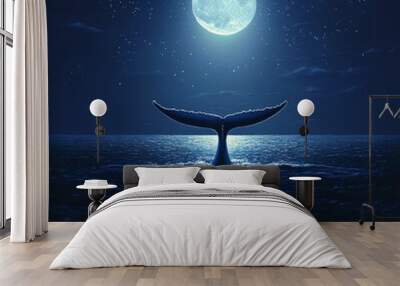 A whale's tail rises from the ocean under a full moon. Wall mural