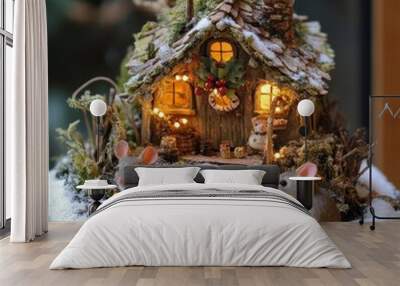 A whimsical mouse house adorned with lights and snow, featuring two playful mice. Wall mural