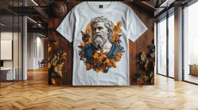 A white t-shirt featuring a stylized illustration of a bearded philosopher surrounded by foliage. Wall mural