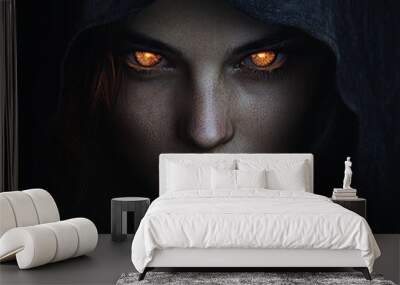 A young woman with glowing eyes peers out from under a hooded cloak, her expression intense and mysterious. Wall mural