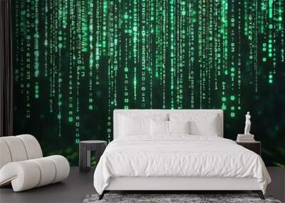 Abstract digital background with green binary code raining down. Wall mural