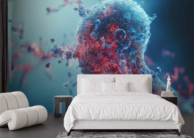 Abstract digital portrait of a person made up of particles, with a blue and red color scheme. Wall mural