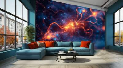 Abstract glowing energy lines connecting two bright spheres in a dark blue and orange nebula. Wall mural