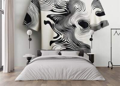 Abstract graphic t-shirt with swirling black patterns. Wall mural