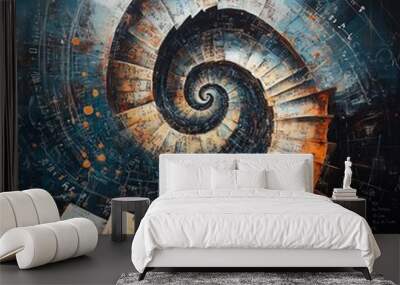 Abstract spiral art on a dark background with orange and yellow details. Wall mural