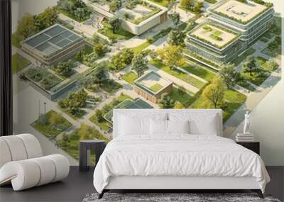 Aerial view of a modern, green campus with buildings, walkways, and trees. Wall mural