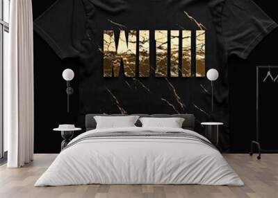 Black t-shirt featuring a stylized mountain design in gold. Wall mural