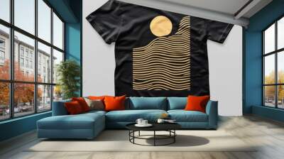 Black T-shirt with a gold graphic print of a sun over waves. Wall mural