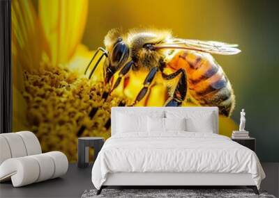 Close-up of a bee collecting pollen from a sunflower. Wall mural