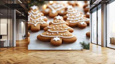 Close-up of gingerbread cookies decorated with white icing in the shape of Christmas trees. Wall mural