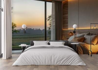 Cozy modern bedroom with scenic view at sunrise. Wall mural