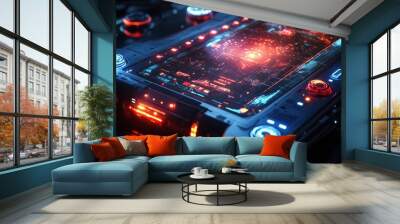 Futuristic technology device with glowing red and blue lights. Wall mural