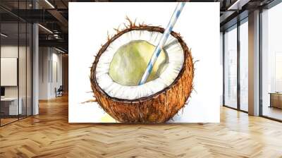 Half a coconut with a straw, painted in watercolor. Wall mural