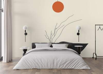 Minimalist abstract illustration with a black shape, a red circle, and a branch. Wall mural