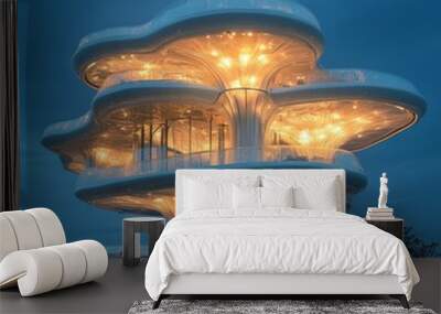 Modern, futuristic building designed like a tree with multiple levels lit up at night. Wall mural