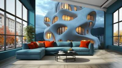 Modern, white, organic-shaped building with large windows, lit up at night. Wall mural