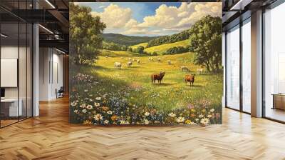 Rural landscape with grazing cattle and sheep in a blooming meadow under a blue sky with fluffy clouds. Wall mural