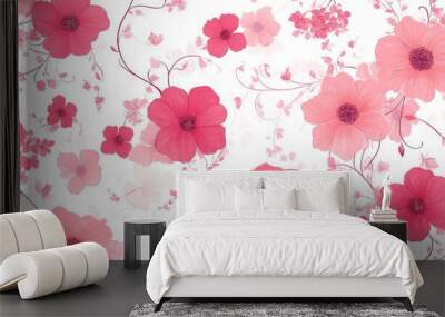 Seamless pattern of pink flowers and vines on a white background. Wall mural