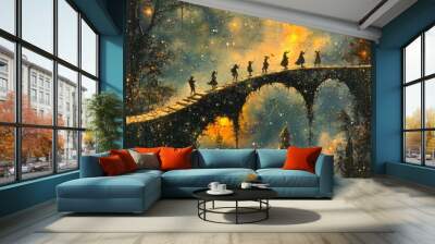 Silhouettes of people walking on a bridge leading to a glowing sky with stars and a tower in the distance. Wall mural