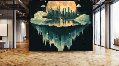 Surreal cityscape with a large moon and floating islands. Wall mural