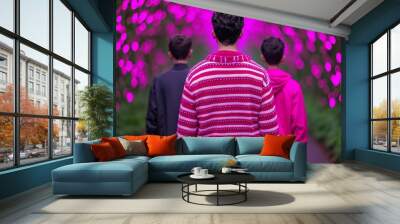 Three friends walk through a tunnel of pink lights. Wall mural