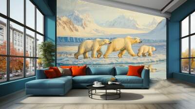 Three polar bears walk across a frozen lake with a mountain range in the background. Wall mural