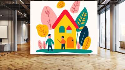 Two boys standing in front of a yellow house with leaves. Wall mural