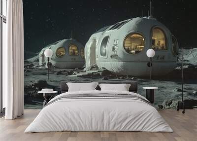 Two futuristic white dome-shaped structures on a desolate lunar landscape under a starry night sky. Wall mural