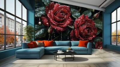 Two red roses adorned with water droplets and pearls. Wall mural