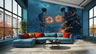 Two skeletons decorating a tree with glowing lights in a dark landscape. Wall mural