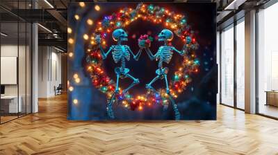 Two skeletons holding a gift in a festive wreath with lights. Wall mural