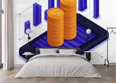 Two stacks of gold coins with dollar signs on top of a smartphone, with blue bar graphs and lines behind the phone, symbolizing mobile payments or financial success. Wall mural