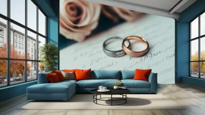 Two wedding rings on a handwritten note beside soft roses. Wall mural