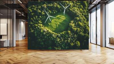 Two white wind turbines in a green forest clearing. Wall mural