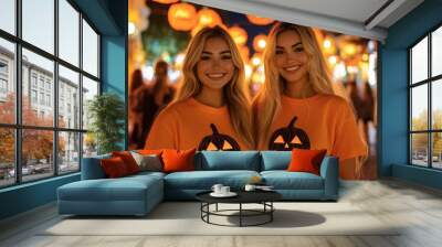 Two women in pumpkin-themed shirts at a festive Halloween event. Wall mural