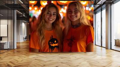 Two young women in Halloween-themed attire smiling at a festive event. Wall mural