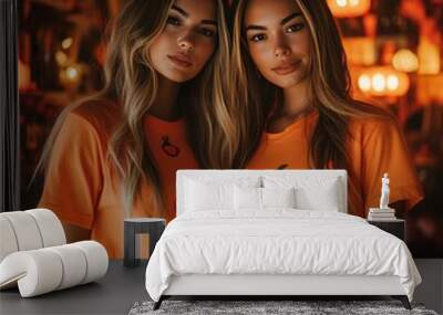 Two young women wearing matching orange t-shirts with a pumpkin design standing in a dimly lit room with string lights. Wall mural