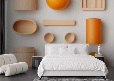 Wooden and orange geometric objects arranged in a grid pattern on a white background. Wall mural