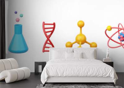 3D object model set is microscope, beaker, DNA Helix, molecule, atom, test tube for experiments and equipment in science, medical, learning creative. style cartoon kid. clipping path. 3D Illustration. Wall mural