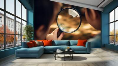 Children detective looking magnifying glass in hand on garden. Learning experience. boy studying of surroundings or biology. Imagination and inspiration. Copy space. Soft focus and blurred background. Wall mural