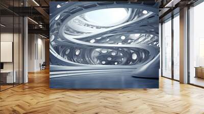 Entrance hall walkway. Futuristic free-form curved architecture or structure. Shiny chrome metal material. Sky light shines and reflections. Wall mural