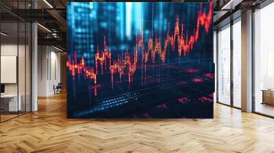 A digital financial chart displaying rising trends in vibrant red and blue tones, representing market fluctuations and analytics. Wall mural