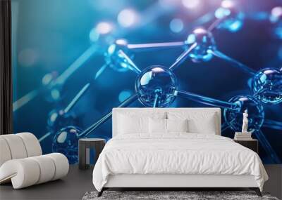 Close-up of molecular structure with glowing atoms and interconnecting bonds, showcasing the beauty of science and technology. Wall mural